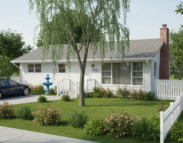 grant-serenity-homes-pasadena-front-exterior-yard Front exterior of Grant Serenity Homes of Pasadena with landscaped yard, willow tree, and blue fountain.