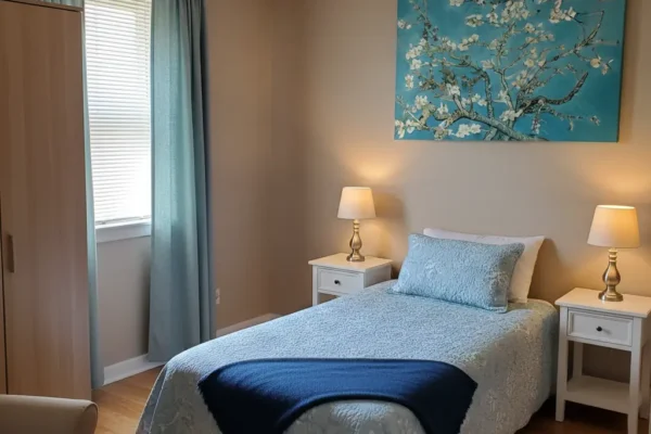 Private resident bedroom with blue bedding, bedside lamps, and wall art at Grant Serenity Homes of Pasadena.