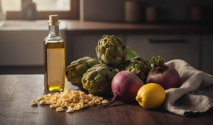 healthy-italian-ingredients-olive-oil-artichokes-beets Fresh Italian ingredients including olive oil, artichokes, beets, and lemon on a kitchen table