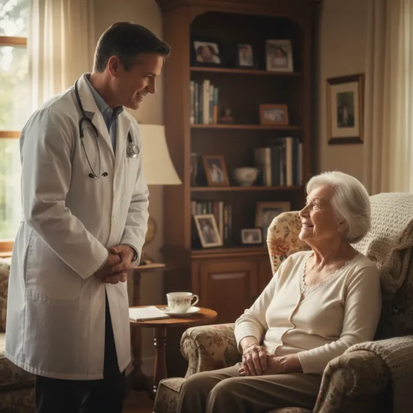 Doctor in a white coat speaking with an older adult seated in an armchair during an at-home visit in a warm, softly lit living room.