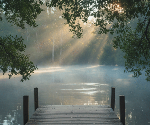 Quiet lakeside dock at sunrise with soft light rays, mist over water, and trees framing the scene