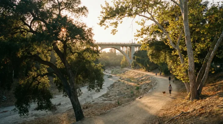 lower-arroyo-park-bridge-trail-sunset Lower Arroyo Park trail at sunset with people walking dogs under the Colorado Street Bridge in Pasadena.