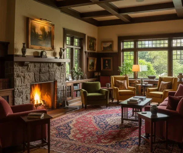 A warm and luxurious living room inside Pasadena Mansion featuring a large stone fireplace, antique Arts & Crafts furniture, plush armchairs, and a Persian rug, creating a home-like atmosphere.