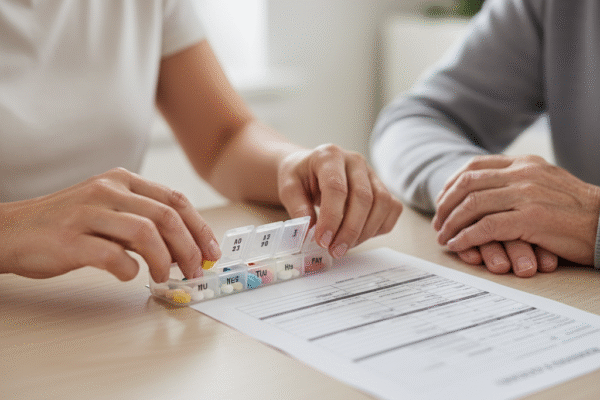Close-up of hands organizing a weekly pill planner next to a printed care document during medication management.