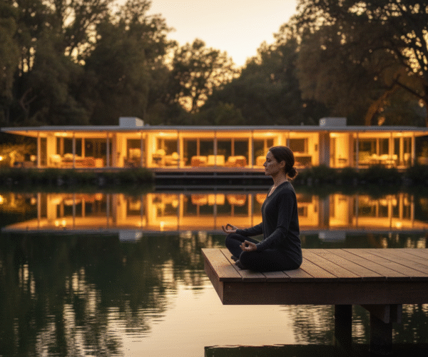 Person meditating on a wooden dock by a lake at sunset with a modern house reflected in the water