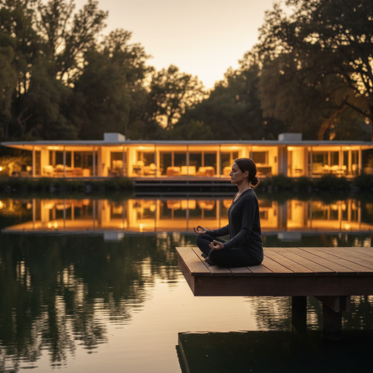 meditation-dock-lake-modern-house-sunset Person meditating on a wooden dock by a lake at sunset with a modern house reflected in the water