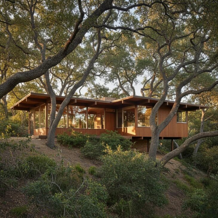 mid-century-modern-hillside-house-oak-trees A photograph of a mid-century modern post-and-beam wooden house with large glass walls, nestled into a hillside and surrounded by mature oak trees and dense foliage.