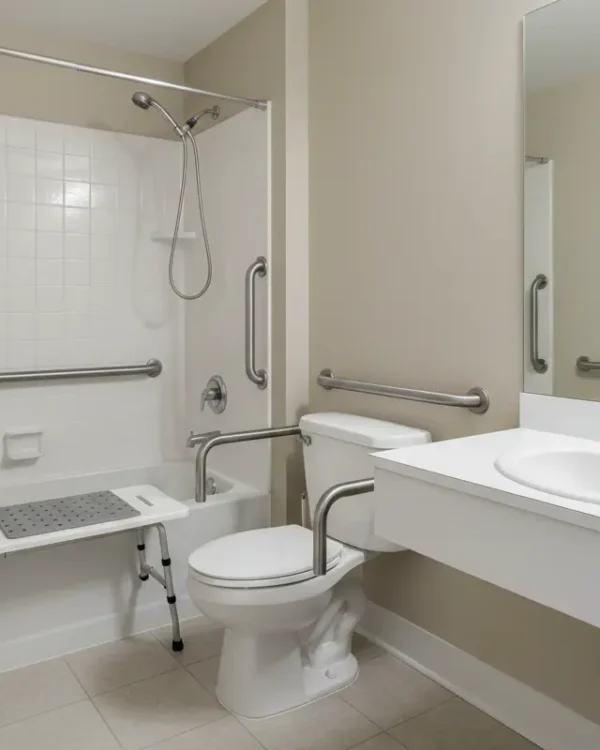 Accessible bathroom with grab bars, a tub transfer bench, handheld shower, and supportive rails around the toilet at Moon Light Boarding Care Inc.