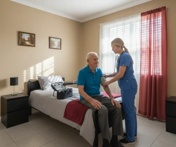A visiting doctor checks an older man’s blood pressure with a cuff and stethoscope in a private bedroom at Moon Light Boarding Care Inc.