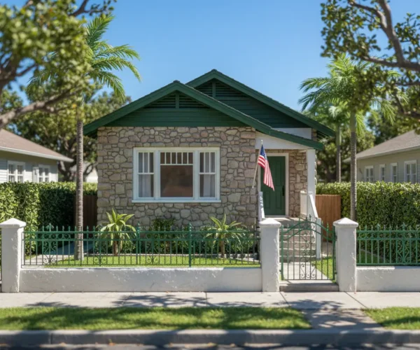 Front exterior view of a small stone cottage with green trim, a low fence, and palm trees at Moon Light Boarding Care Inc.