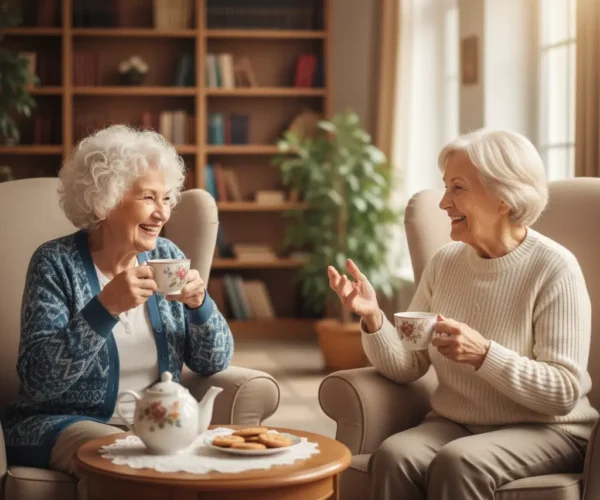 Two older women sitting in armchairs, smiling and talking over tea at a small table in a bright living room with bookshelves in the background.