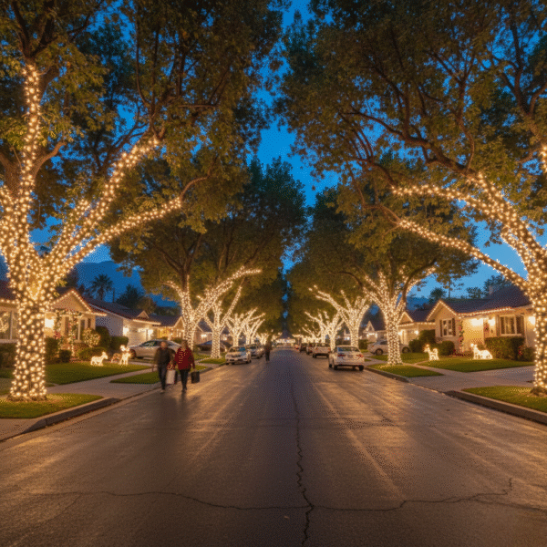 Pasadena neighborhood street decorated with holiday lights on trees and homes at dusk.