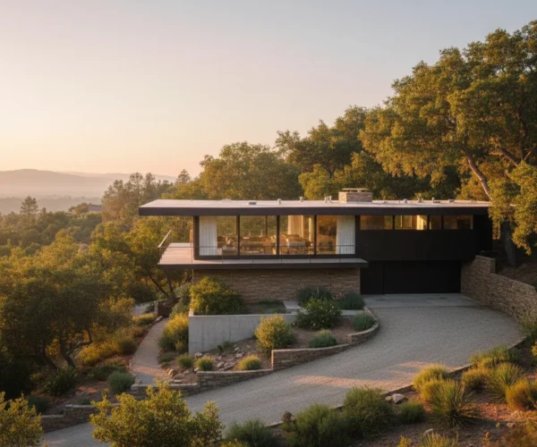 Exterior view of Puelicher House (1960, architect Boyd Georgi), a low-slung modern home set into a wooded hillside at sunset.