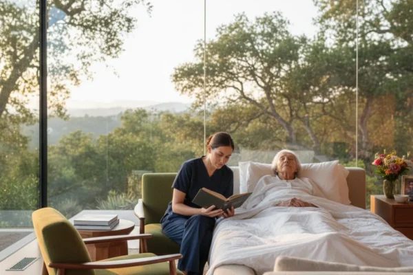 In-room care scene in Puelicher House (1960, architect Boyd Georgi) with a caregiver seated beside an older adult resting in bed, framed by floor-to-ceiling windows.