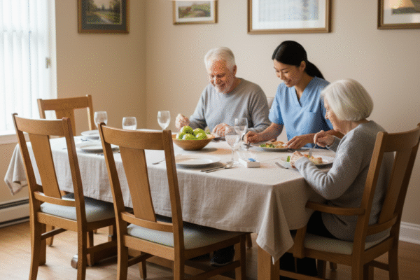 Caregiver providing mealtime assistance to older adults during a shared meal in a small assisted living residence.