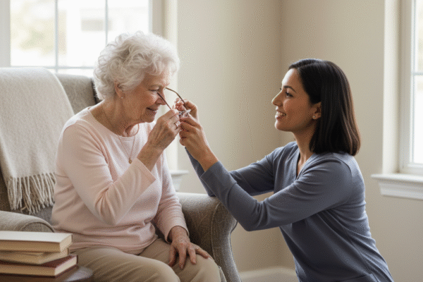 Caregiver helping an older adult with personal daily care in a calm residential living room setting.