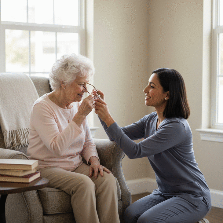 santa-barbara-guest-home-2-daily-personal-care Caregiver helping an older adult with personal daily care in a calm residential living room setting.