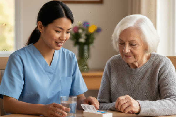 Caregiver assisting an older adult with a daily medication reminder at the table in a residential assisted living home.