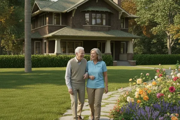 A smiling caregiver walking arm-in-arm with an elderly gentleman along a stone path in the lush, blooming gardens of Pasadena Mansion, representing the compassionate support provided by Senior Helpers.
