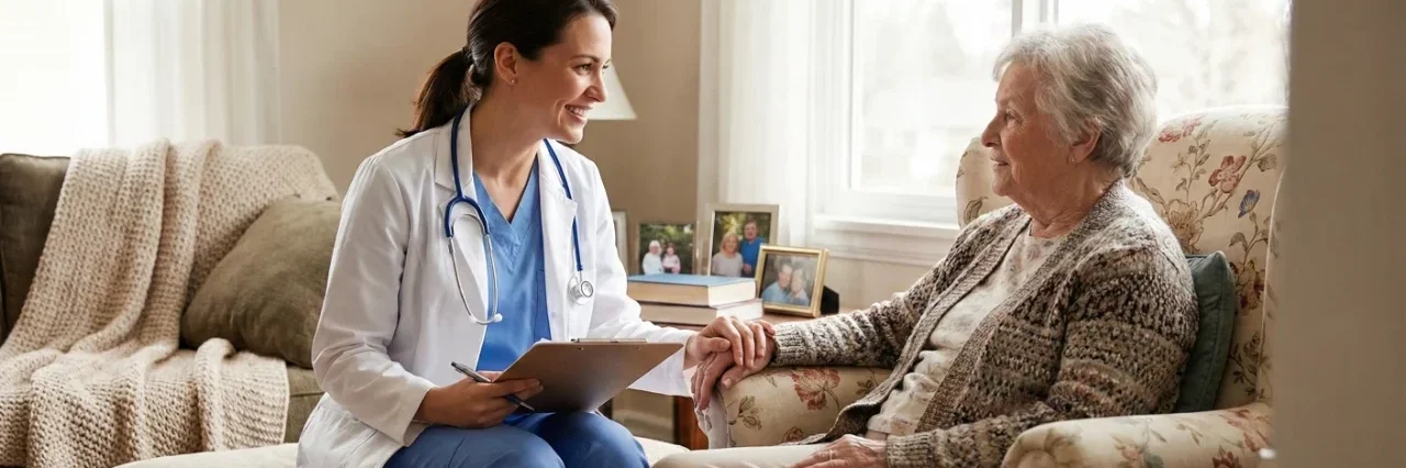 Doctor providing in-home medical care to an older woman at The Retreat