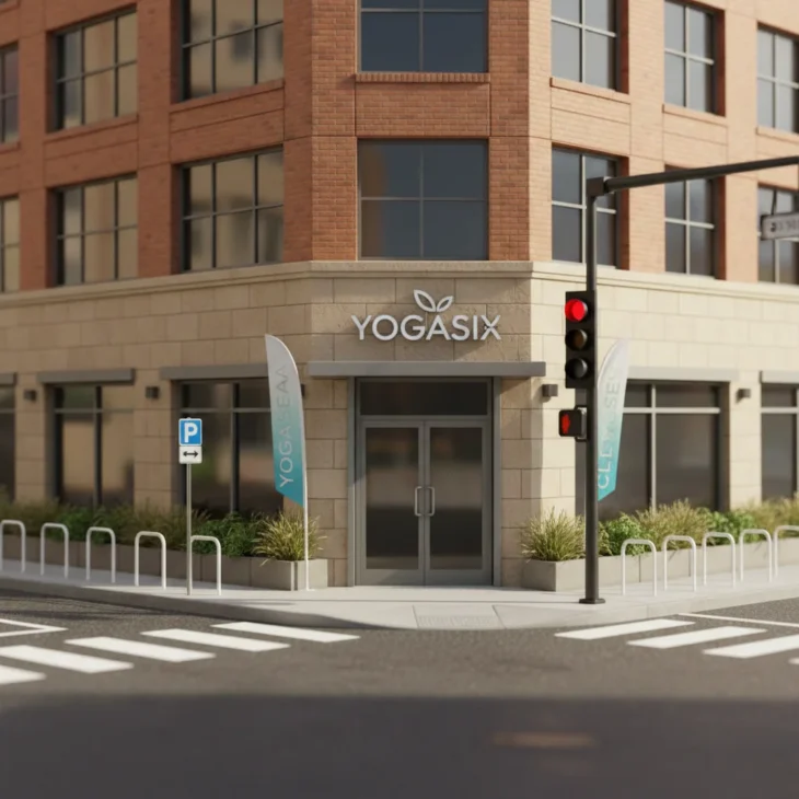 yogasix-studio-exterior-corner-building Exterior view of a YogaSix studio on a city corner with glass entrance, branded signage, sidewalk flags, and crosswalk nearby.