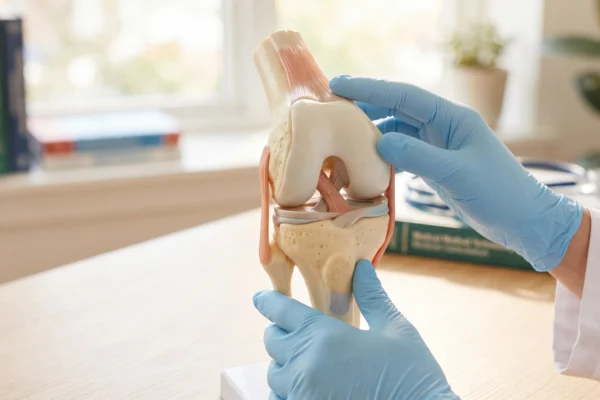 Anatomical knee joint model showing cartilage, illustrating 15-PGDH and osteoarthritis cartilage regeneration research.