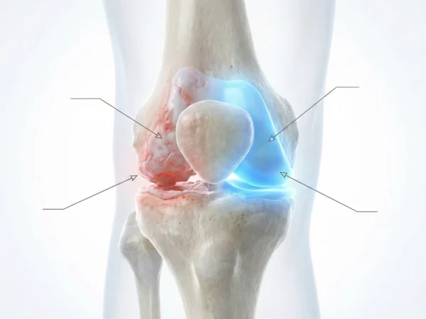 A 3D medical illustration of a human knee joint comparing areas of chronic inflammation and cartilage loss on one side with healthy, glowing blue tissue representing successful 15-PGDH inhibition and regeneration.