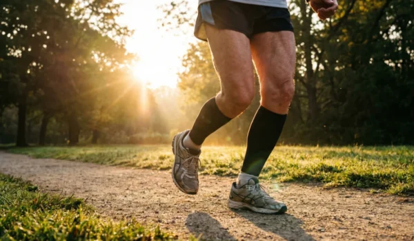 A senior runner jogging on a park path at sunrise, showcasing the restoration of mobility and healthy knee joints following advanced regenerative therapy for osteoarthritis.