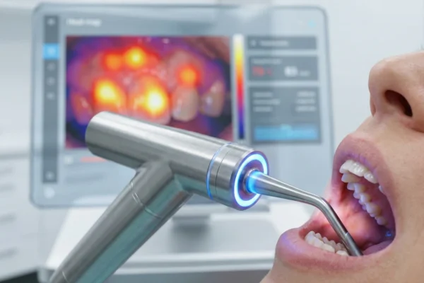 A high-contrast, clinical close-up photograph of an advanced medical oral scanner. The composition features a silver, T-shaped metallic device with a glowing neon-blue LED ring at its tip, positioned inside a patient's mouth. The bioluminescent blue light reflects sharply off the white teeth and metallic surface. In the soft-focused background, a transparent digital monitor displays a vibrant thermal interface labeled "Heat map" in the top corner, showing glowing orange and yellow zones over a dental scan. The lighting is bright and modern, emphasizing the sleek textures of the medical equipment and the futuristic interface of the diagnostic software.