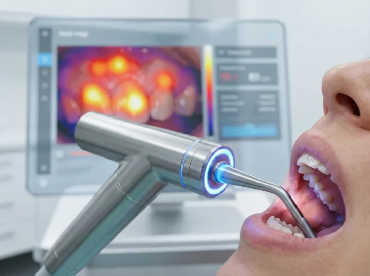 advanced-oral-cancer-screening-technology-oropharyngeal-diagnosis A high-contrast, clinical close-up photograph of an advanced medical oral scanner. The composition features a silver, T-shaped metallic device with a glowing neon-blue LED ring at its tip, positioned inside a patient's mouth. The bioluminescent blue light reflects sharply off the white teeth and metallic surface. In the soft-focused background, a transparent digital monitor displays a vibrant thermal interface labeled "Heat map" in the top corner, showing glowing orange and yellow zones over a dental scan. The lighting is bright and modern, emphasizing the sleek textures of the medical equipment and the futuristic interface of the diagnostic software.
