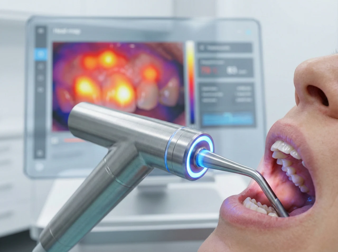 advanced-oral-cancer-screening-technology-oropharyngeal-diagnosis A high-contrast, clinical close-up photograph of an advanced medical oral scanner. The composition features a silver, T-shaped metallic device with a glowing neon-blue LED ring at its tip, positioned inside a patient's mouth. The bioluminescent blue light reflects sharply off the white teeth and metallic surface. In the soft-focused background, a transparent digital monitor displays a vibrant thermal interface labeled "Heat map" in the top corner, showing glowing orange and yellow zones over a dental scan. The lighting is bright and modern, emphasizing the sleek textures of the medical equipment and the futuristic interface of the diagnostic software.