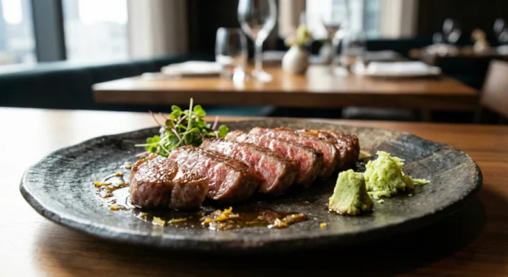alexanders-steakhouse-sliced-wagyu-healthy-meal A close-up photograph capturing thick slices of seared Wagyu beef, glistening with natural juices and showing intense internal marbling, arranged delicately on a rustic dark ceramic plate alongside fresh green wasabi paste and micro-greens. Soft, natural light from the left highlights the meat's texture, while the background of elegant restaurant tables and glassware remains softly out of focus.