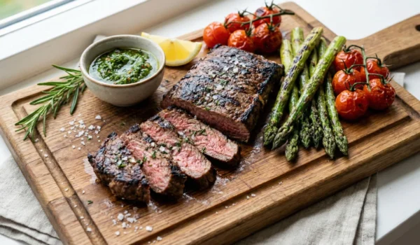 A high-detail, close-up food photograph with soft, natural side-lighting that highlights the rich textures of a seared Argentine steak. The sliced meat, showing a succulent pink center and a crust seasoned with coarse sea salt, is presented on a rustic wooden board. The composition includes vibrant grilled asparagus, charred cherry tomatoes on the vine, and a ceramic bowl of bright green, herbaceous chimichurri sauce. The lighting creates a clean, fresh, and appetizing aesthetic, emphasizing the "whole food" quality of the meal.