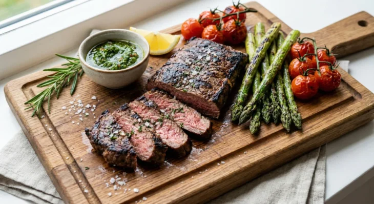 argentine-steak-restaurants-pasadena-chimichurri-grill A high-detail, close-up food photograph with soft, natural side-lighting that highlights the rich textures of a seared Argentine steak. The sliced meat, showing a succulent pink center and a crust seasoned with coarse sea salt, is presented on a rustic wooden board. The composition includes vibrant grilled asparagus, charred cherry tomatoes on the vine, and a ceramic bowl of bright green, herbaceous chimichurri sauce. The lighting creates a clean, fresh, and appetizing aesthetic, emphasizing the "whole food" quality of the meal.