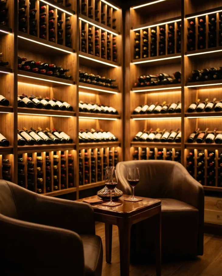 bacchus-kitchen-pasadena-wine-cellar-concierge-doctors An atmospheric, wide-angle interior shot of a sophisticated wine cellar. The composition features two deep-brown leather armchairs in the foreground, facing a polished wooden table with two glasses of red wine and a glass decanter. The background is dominated by symmetrical, floor-to-ceiling wooden wine racks with warm, hidden LED backlighting that creates a soft, golden glow. The lighting is moody and intimate, emphasizing a sense of quiet luxury and private comfort.