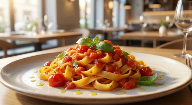 best-italian-restaurant-la-pasta-food-intolerance-gluten A macro-style, low-angle shot of a vibrant pasta dish smothered in rich, glossy tomato sauce and topped with fresh green basil. The scene is bathed in soft, warm natural light from a side window, creating a glistening texture on the tomatoes and delicate olive oil droplets on the plate's rim. The composition features a shallow depth of field, with a bright, sunlit modern restaurant interior softly blurred in the background.