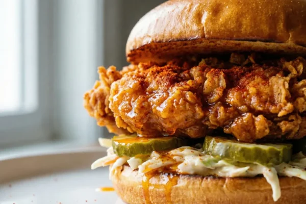 Chef preparing crispy fried chicken in an open restaurant kitchen, showcasing professional food preparation and Nashville hot chicken technique.