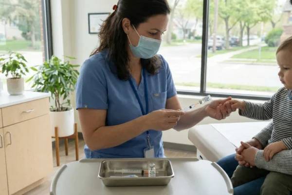 Warm natural daylight from a large window fills a modern room where a medical professional in blue scrubs and a face mask prepares a syringe. A metal tray in the foreground holds a small vial with the clear black text "Polio Vaccine". The composition follows the rule of thirds, with a toddler sitting on a parent's lap on the right, creating a sense of calm and safety.