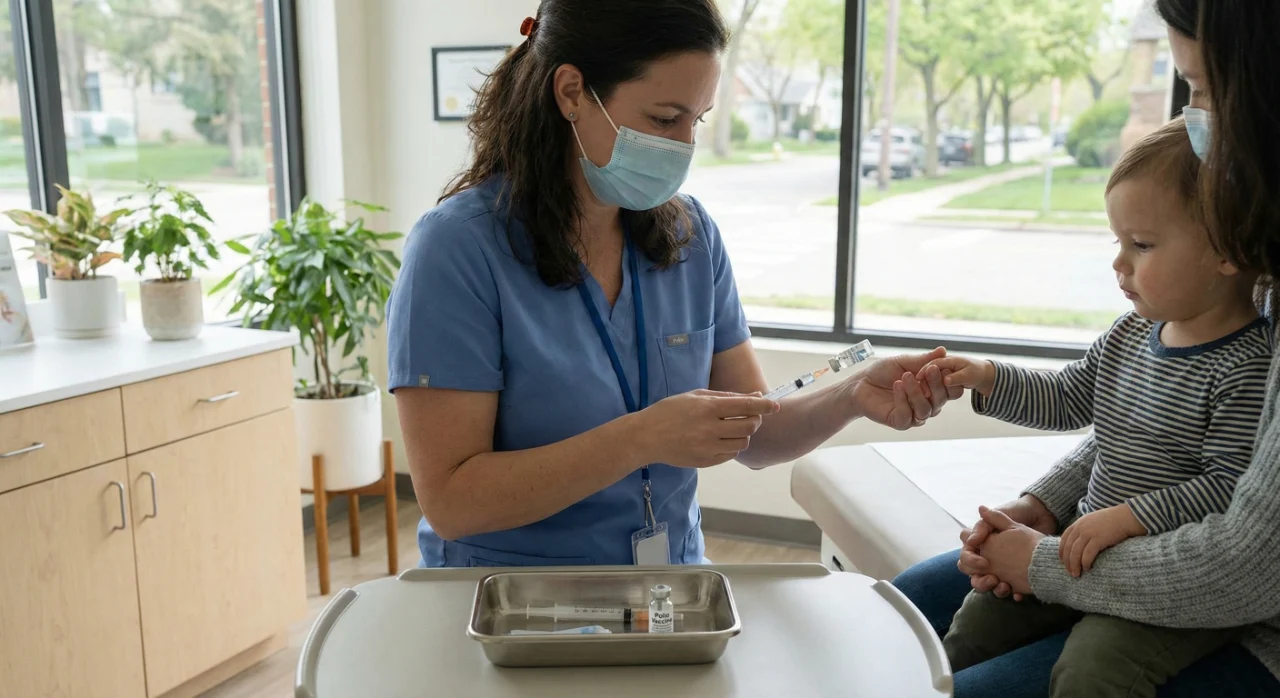 Warm natural daylight from a large window fills a modern room where a medical professional in blue scrubs and a face mask prepares a syringe. A metal tray in the foreground holds a small vial with the clear black text "Polio Vaccine". The composition follows the rule of thirds, with a toddler sitting on a parent's lap on the right, creating a sense of calm and safety.
