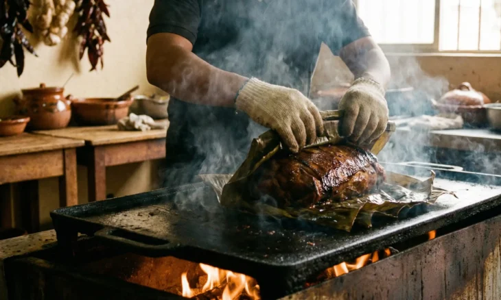 cochinita-pibil-traditional-cooking-banana-leaves Traditional cochinita pibil slow-cooking on a flat-top grill wrapped in banana leaves