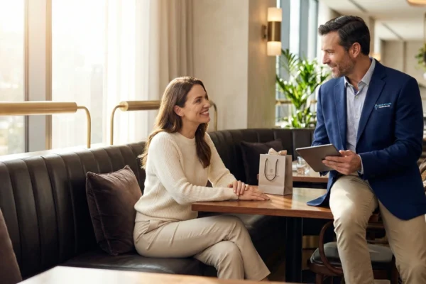 A bright, high-key lifestyle photograph of a professional man in a navy blazer (acting as a concierge doctor) with a small medical logo on his chest, consulting a smiling woman in a plush leather cafe booth. The composition is a balanced medium shot in an airy, sunlit environment with large windows. The man holds a digital tablet while soft, diffused light creates a clean and comfortable atmosphere. A small, elegant shopping bag sits on the wooden table between them.