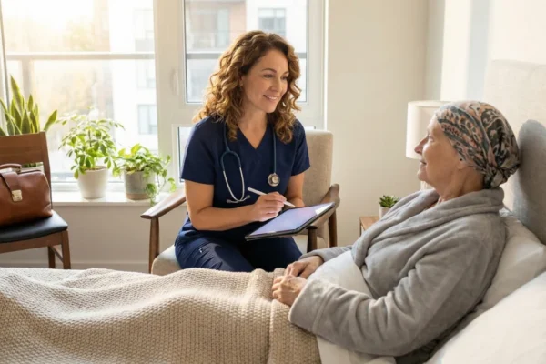 A professional female doctor providing doctor house calls near me to an elderly patient in bed, discussing symptoms of the flu in adults and personalized treatment plans in Pasadena.
