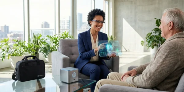 A bright, high-key photograph of a smiling female doctor in a blue suit sitting opposite an elderly male patient in a modern, sun-drenched interior. The composition features floor-to-ceiling windows with a blurred city skyline background and lush green indoor plants. The doctor holds a futuristic, transparent glass tablet displaying a glowing blue holographic anatomical heart and medical data. On the glass coffee table between them sits a sleek silver medical device with a glowing blue power circle and a black professional medical bag clearly displaying the white "Doctor2me" logo. The lighting is natural and airy, creating an optimistic and professional atmosphere.