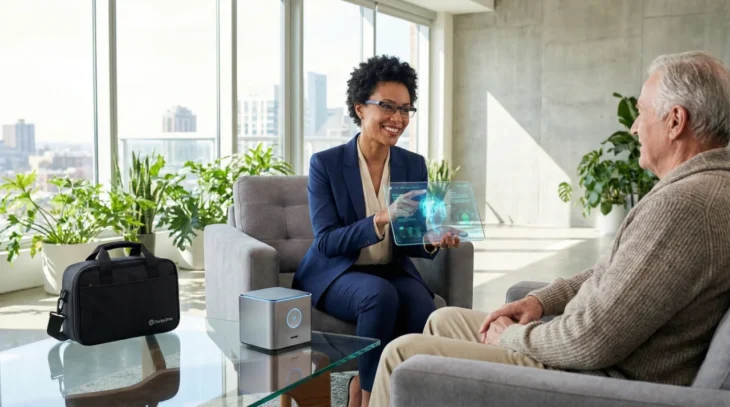 doctor2me-concierge-doctor-pasadena-ca-home-visit A bright, high-key photograph of a smiling female doctor in a blue suit sitting opposite an elderly male patient in a modern, sun-drenched interior. The composition features floor-to-ceiling windows with a blurred city skyline background and lush green indoor plants. The doctor holds a futuristic, transparent glass tablet displaying a glowing blue holographic anatomical heart and medical data. On the glass coffee table between them sits a sleek silver medical device with a glowing blue power circle and a black professional medical bag clearly displaying the white "Doctor2me" logo. The lighting is natural and airy, creating an optimistic and professional atmosphere.