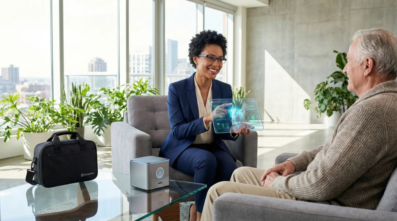 doctor2me-concierge-doctor-pasadena-ca-home-visit A bright, high-key photograph of a smiling female doctor in a blue suit sitting opposite an elderly male patient in a modern, sun-drenched interior. The composition features floor-to-ceiling windows with a blurred city skyline background and lush green indoor plants. The doctor holds a futuristic, transparent glass tablet displaying a glowing blue holographic anatomical heart and medical data. On the glass coffee table between them sits a sleek silver medical device with a glowing blue power circle and a black professional medical bag clearly displaying the white "Doctor2me" logo. The lighting is natural and airy, creating an optimistic and professional atmosphere.