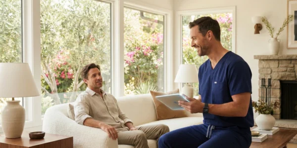 A bright and airy medium shot of a premium home medical consultation. On the right, a doctor in navy blue scrubs holds a glowing digital tablet, smiling warmly at a patient seated on a plush, white curved sofa. The composition uses a wide-angle perspective to showcase a high-end interior with large windows overlooking a lush Mediterranean garden. The lighting is soft and diffused, creating a "Quiet Luxury" aesthetic with natural wood accents and minimalist stone decor. The scene feels professional, comfortable, and full of natural light.