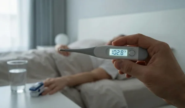 A digital thermometer showing a high fever of 102.8°F, illustrating severe flu symptoms 2026 and the intensity of flu and influenza symptoms during the peak of the virus.