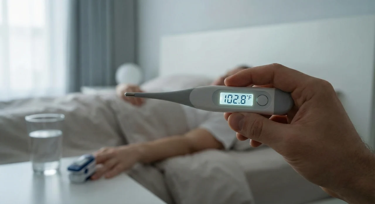 flu-symptoms-2026-high-fever-thermometer A digital thermometer showing a high fever of 102.8°F, illustrating severe flu symptoms 2026 and the intensity of flu and influenza symptoms during the peak of the virus.