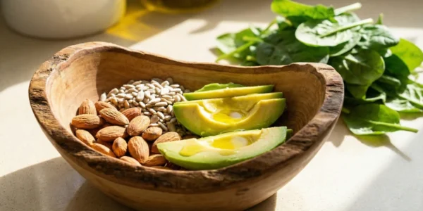 A high-resolution, bright close-up of a rustic carved wooden bowl containing sliced avocado drizzled with oil, raw almonds, and sunflower seeds. The shot is captured in warm, natural sunlight with a shallow depth of field, showing fresh green spinach leaves in the soft-focus background on a light-colored countertop.