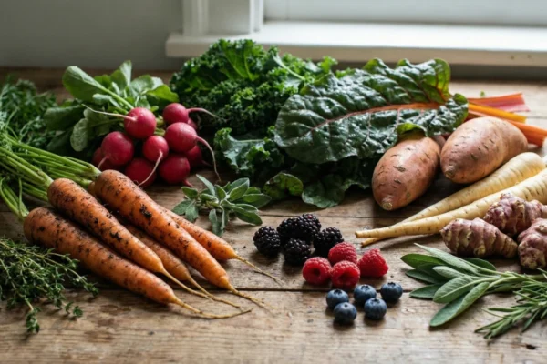 An assortment of fresh organic root vegetables, vibrant berries, and aromatic herbs laid out on a wooden surface, showcasing the raw food for skin health used in The Arbour's seasonal menu.